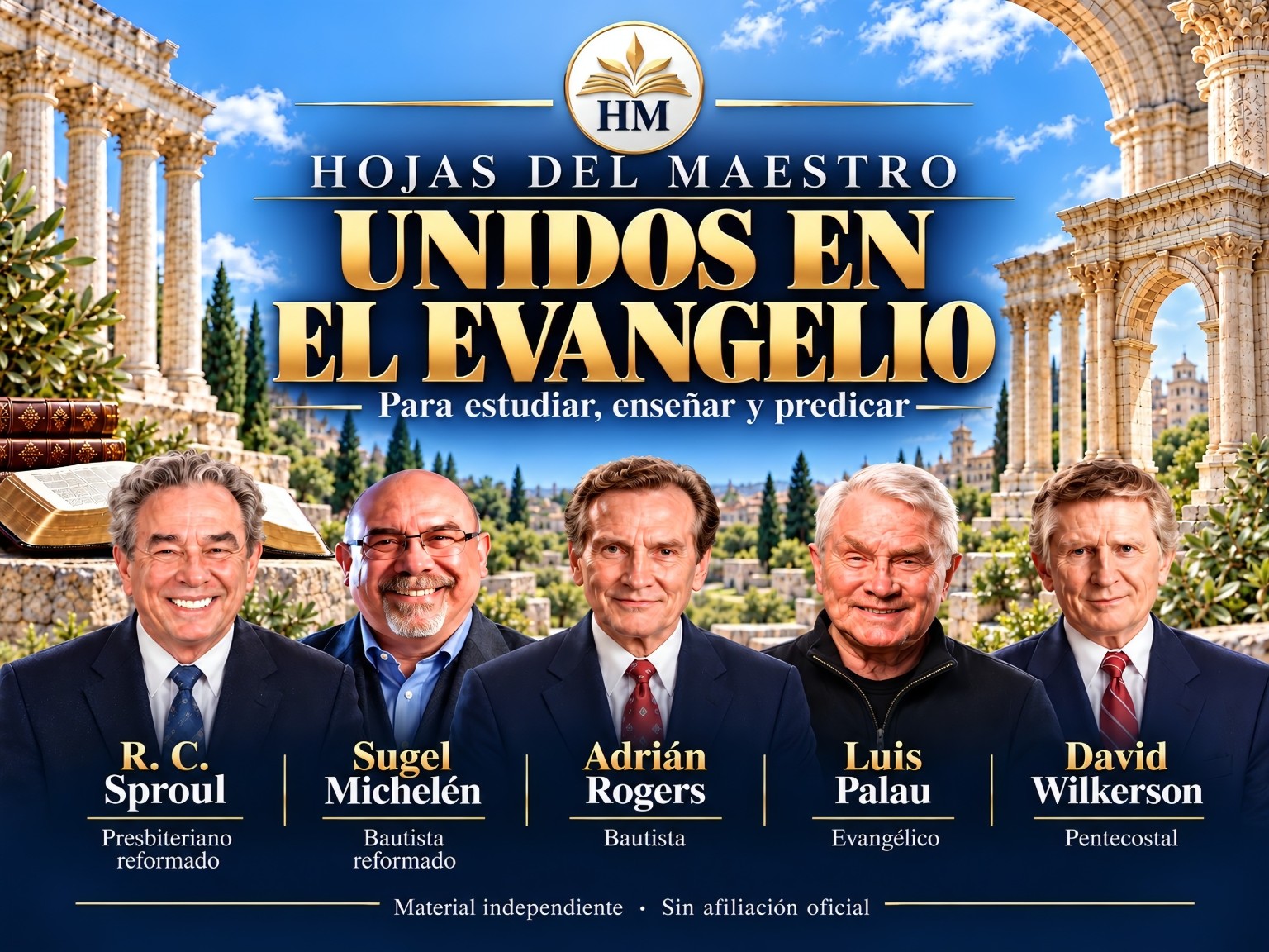 Unidos en el evangelio. R. C. Sproul, Sugel Michelén, Adrián Rogers, Luis Palau y David Wilkerson. Hojas del Maestro: material independiente, sin afiliación oficial.